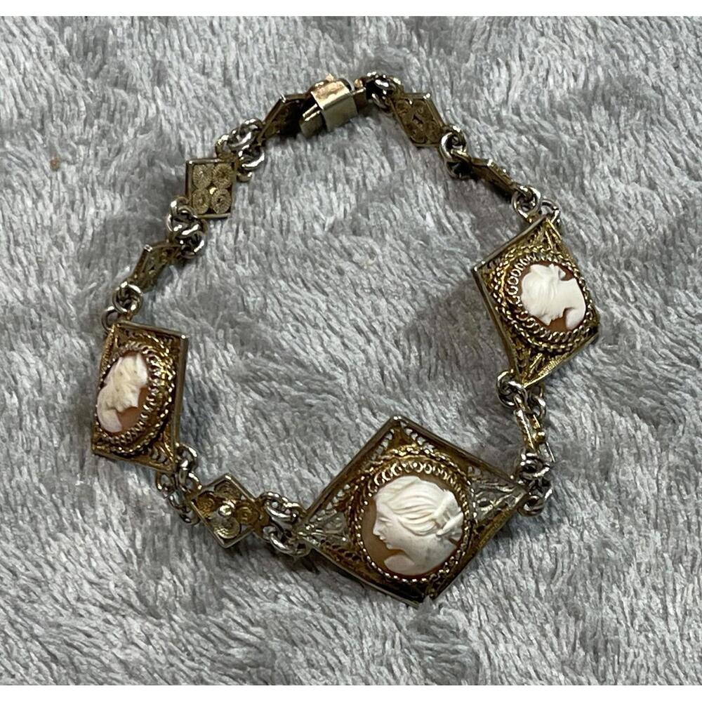 Victorian 18k Gold Filled Filigree stamped 800 Silver & Cameo Bracelet